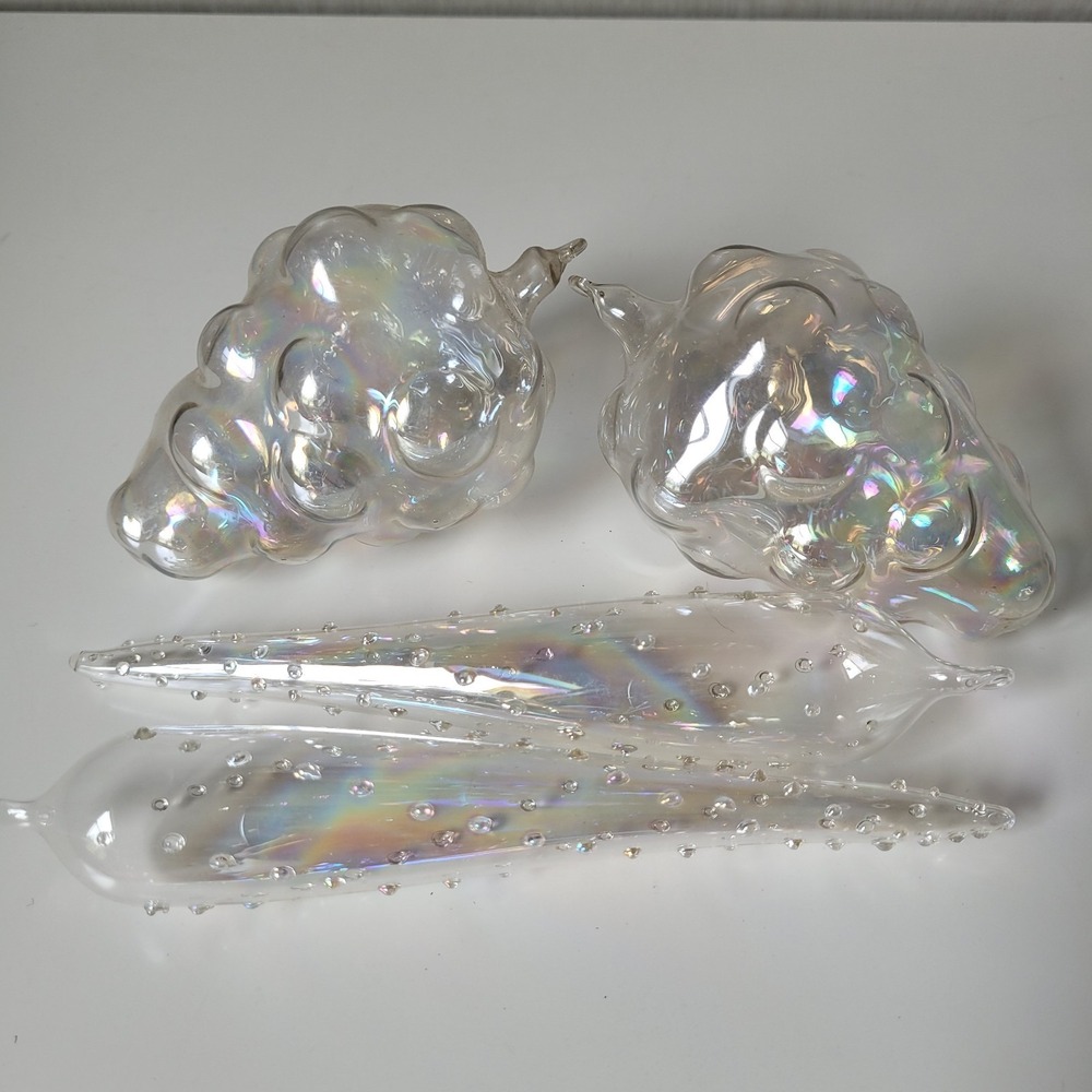 4 Pc Hand Blown Glass Christmas Ornaments Iridescent Icicles Grape Clusters